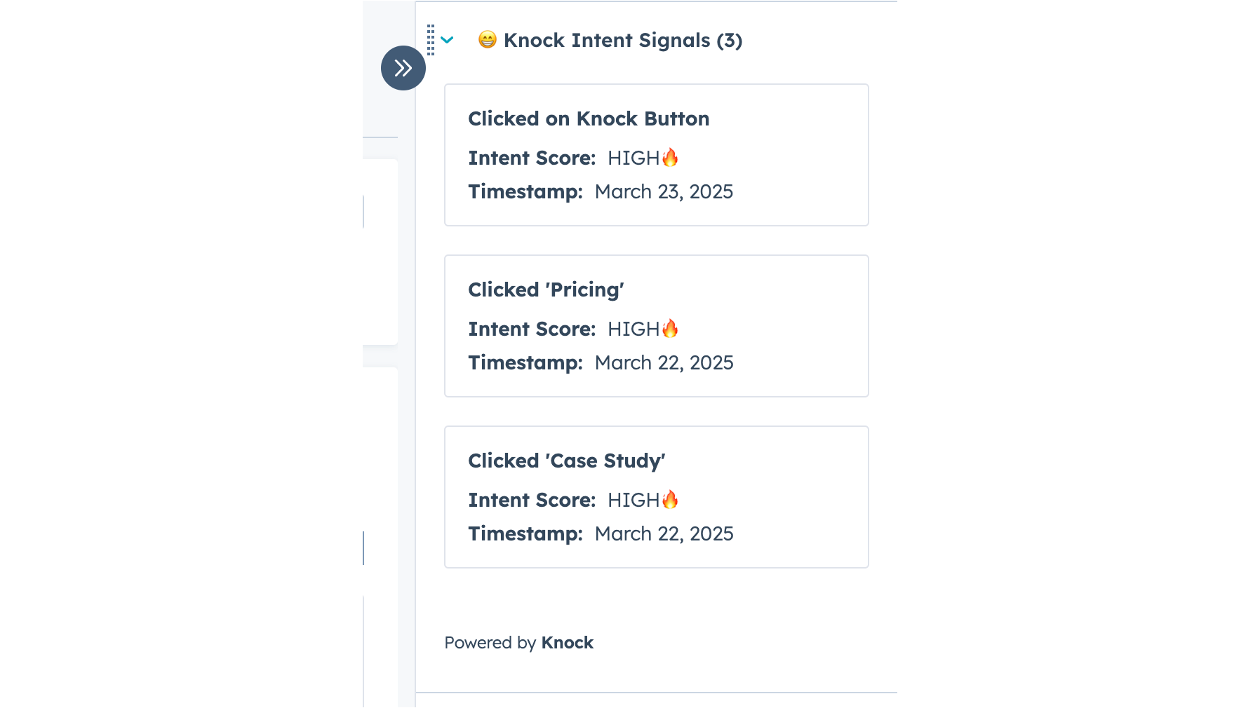 Knock intent signal card inside HubSpot showing buyer engagement