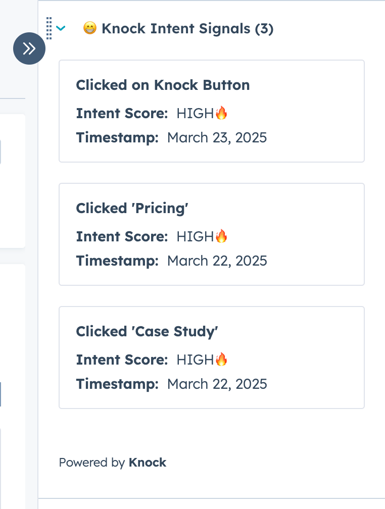 Knock buyer intent signals displayed inside a HubSpot record